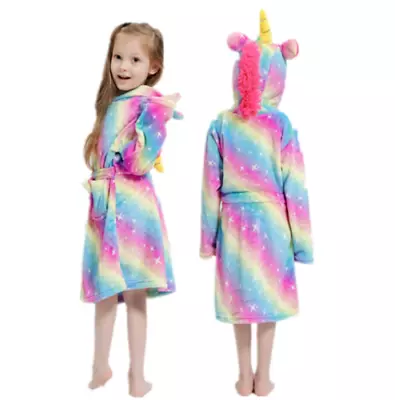 Unicorn Kids Bathrobe Rainbow Stars Fleece Soft Cosy Hooded Soft Fluffy Age 6-7 • £9.95