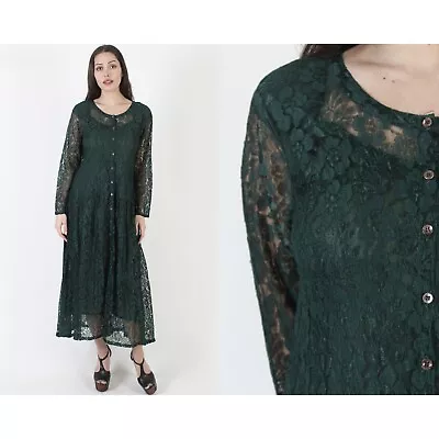 Vtg 90s Forrest Green Starina Brand Gypsy Lace Sheer Button Up Grunge Maxi Dress • $58