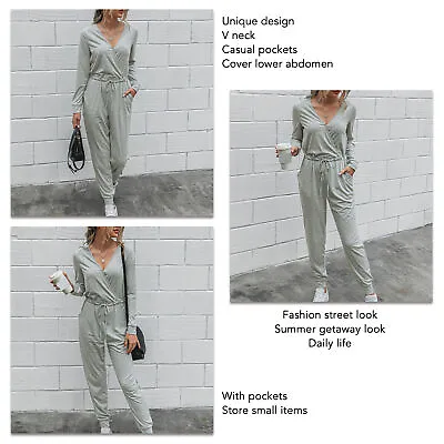 (Light Gray S)Long Sleeve Pants Jumpsuit Slim Lace Up V Neck Polyester VIS • $21.18