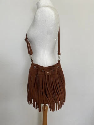 £40 • Buy Brown Suede Fringe Crossover Drawstring Bag With Adjustable Strap