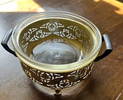 Antique Pyrex Casserole Dish Cut Round Glass & Brass Farberware Carrier USA • $18