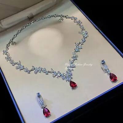 Red Garnet & Simulated Diamond Necklace Earring Bracelet Set 18K Platinum Plated • $149