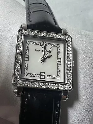 Mercedes-Benz Mother Of Pearl Face Crystal Bezel Black Leather Ladies Watch.  • $44