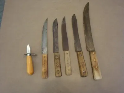 $9.99 • Buy 6 Vintage Slicing Butcher KITCHEN KNIVES To 17 1/2  Carbon Steel Stewarts 1934