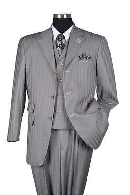 New Men's 3 Piece Vested Gray Suit Elegant Classic Stripes With Stitching 5267V  • $99.95