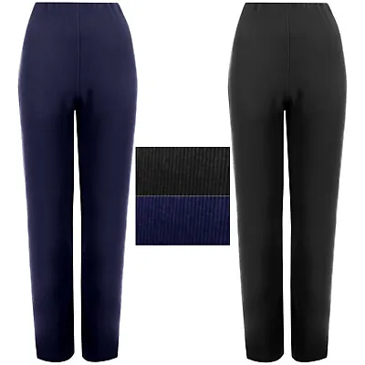 2 Pack Womens Straight Leg Trousers Ladies Ribbed Stretch Finely Pants Bottoms • £13.98