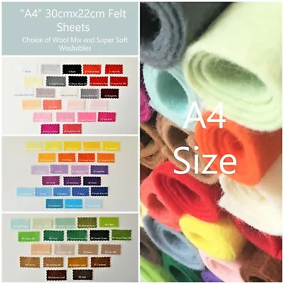 Wool Mix And Like Soft Feel Washable Felt | 70+ Colours | 30cmx22cm  A4  Size   • £1.46