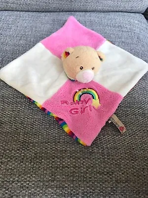 Keel Toys Baby Girl Pink Teddy Rattle Head  Rainbow Stripe Comforter Blankie Toy • £9.99