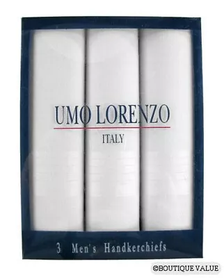 UMO LORENZO 3 PK White Mens Cotton Handkerchiefs Boxed Set NIB • $10.99