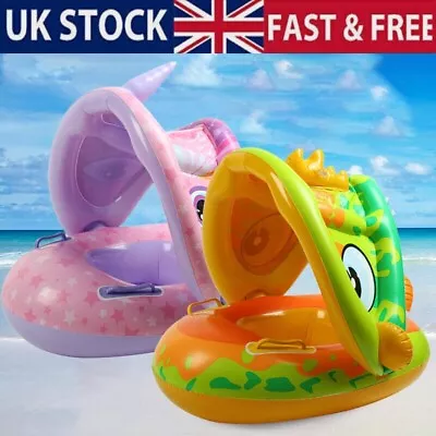 Baby Kids Inflatable Swimming Seat Pool Ring W/Sun Canopy Float Unicorn Dinosaur • £6.99