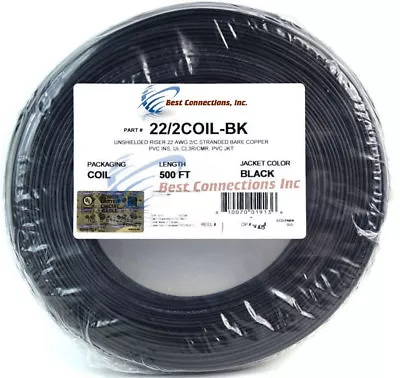 22 GA AWG 500' Feet 2 Conductor Black Stranded Copper Security Alarm Wire Cable • $41.95