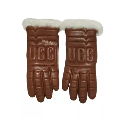 New Ugg Leather Quilted Logo Tech Brown Gloves Womens Small • $49.99