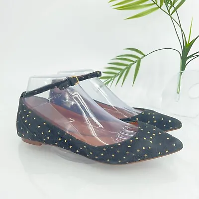 Madewell City Skimmer Flat Women 7 Black Suede Gold Polka Dot  Shoes Pointed Toe • $39.95