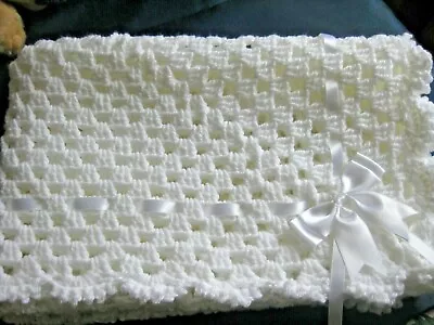 Lovely Hand Crochet Baby Blanket In White  With White Ribbon & Bow (1) • £12.99