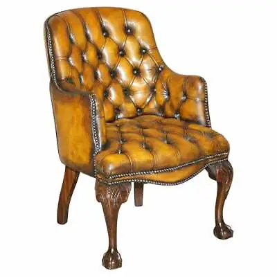 Restored Harrods London Chesterfield Brown Leather Armchair Claw & Ball Feet • £2750