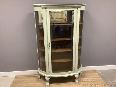Antique Painted Oak Round China Cabinet Painted Soft Green Original Glass • $1895
