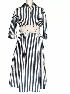 VINTAGE 80s Ladies Sailor Nautical Cotton Dress Short Sleeve Stretchy Waist M 12 • £69