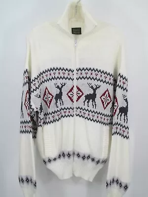 NEW SCANDIA WOODS Full Zip Cardigan Sweater Men Medium Ivory Cowichan Reindeer • $29.98