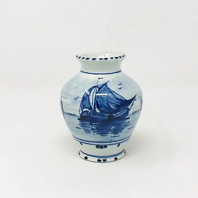 Blue Delft Vase 2840 Hand Painted Sailing Ships Made In Holland 3.75” Vintage • $21.79