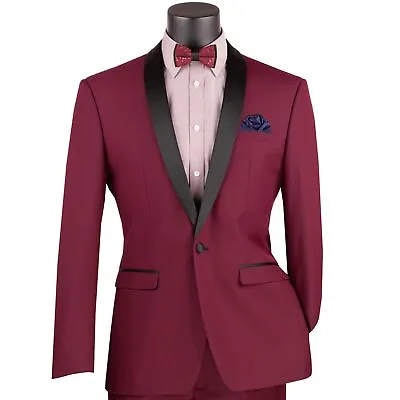 VINCI Men's Burgundy Shawl Collar One Button Slim Fit Formal Tuxedo Suit NEW • $115