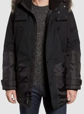 $352 Marc New York Men's Black Maxfield Faux Fur Trim Parka Coat Jacket Size L • $111.98