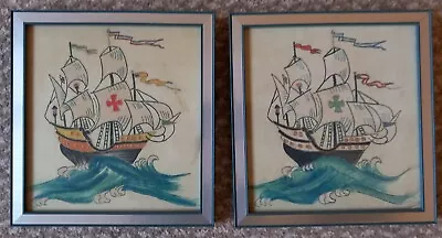 2 X Silk Paintings Of Galleons On The Sea • £7