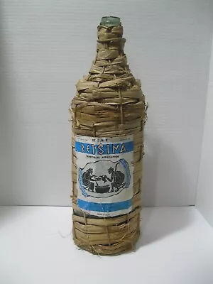 Vintage Large Retsina Wicker Covered Bottle Blue & White Label Green Glass 60's • $79.95