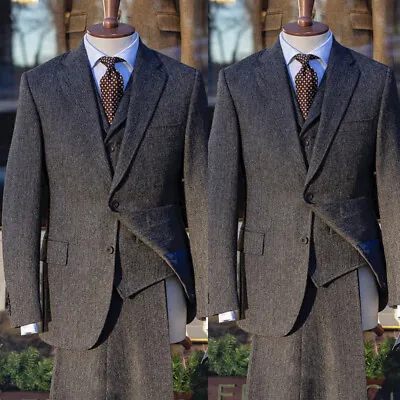 Tweed Dark Gray Men's Suit Thick Coat Pants Groom Tuxedos Business 3 Pieces Set • $79.34