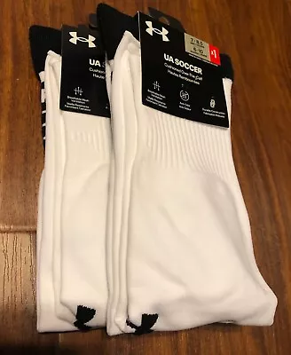 UA Soccer Socks Over-The-Calf LARGE Men-Women 2-Pairs WHITE Wicks Sweat Arch NEW • $17.65