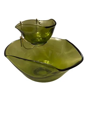 Vintage Anchor Hocking Avocado Green Glass Chip And Dip Set Mid Century Modern • $35