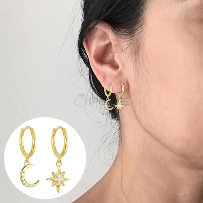 Dangle Hoop Earrings Gold Star Moon Pendant 925 Sterling Silver Women Jewellery • £4.99