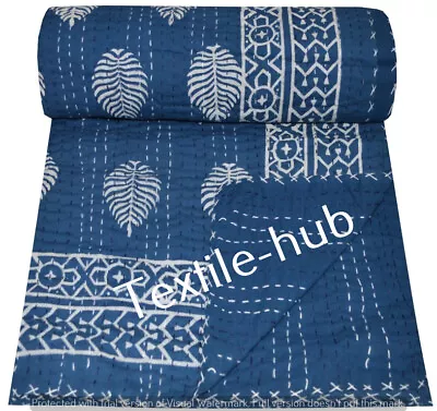 £33.59 • Buy Hand Block Leaf Kantha Quilt Indian Blue Indigo Bedspread Bedding Cotton Throw