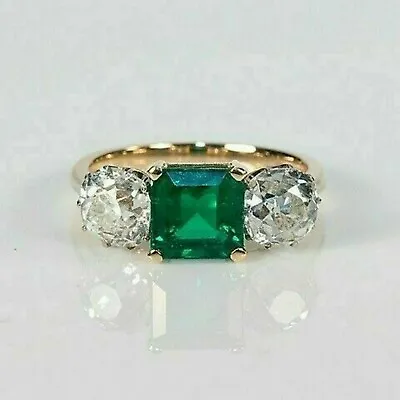2Ct Cushion-Cut Lab Created Emerald 3-Stone Wedding Ring 14K Yellow Gold Plated • $95.99