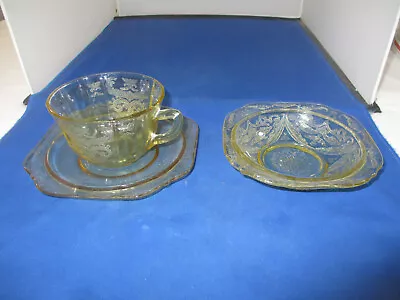 Vintage Federal Madrid Amber/Yellow Depression Glass Cup & Saucer W/ Small Bowl • $5.99