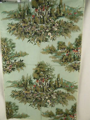 Vintage Scenic Barkcloth Fabric Remnant Cottage House Forest Light Blue • $21.99