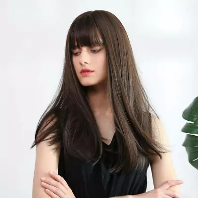 Dark Brown Long Straight Wigs With Bangs Synthetic Wigs Cosplay Costume Wigs  • $13.29