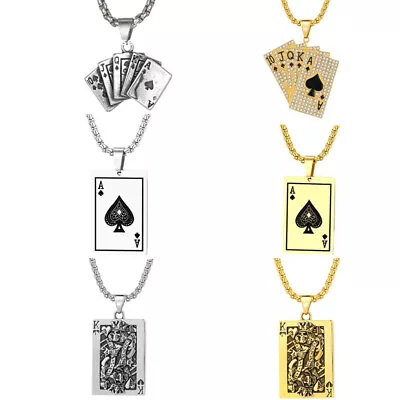 Mens Lucky King Skull Ace Flush Poker Playing Card Pendant Necklace Chain 22  • $10.99