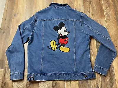 Disney Mickey Mouse Denim Embroidered Jacket Adult XL 100% Cotton Blue Jean   • $39.99