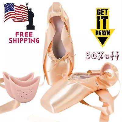 Ballet Pointe Shoes With RibbonsToe Pads For Girls And Women Rose Gold US Stock • $23.99