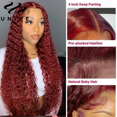 Mongolian 99J Burgundy Red Curly Lace Closure Human Hair Wigs For Black Women 9A • $91.38
