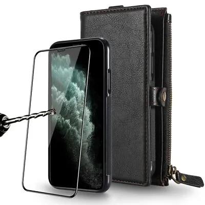 $58.99 • Buy For IPhone SE 2nd 11 Xs XR 8 7 Zipper Leather Wallet Case + 3D 9H Tempered Glass