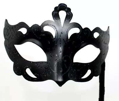 STUNNING BLACK Venetian Masquerade Ball Face Mask On A HAND HELD  STICK  MASK • £11.95