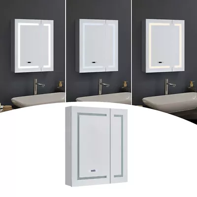 Dimmable LED Bathroom Storage Cabinet Makeup Mirror Box With Clock/Shaver Socket • £155.95