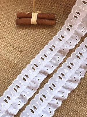 Lace Broderie Anglaise Insertion Slot Gathered Trimming White Or Cream 4 Cm • £3.50