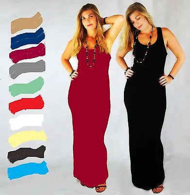 Womens Long Maxi Dress Jersey Sleeveless Muscle Racer Vest Back Bodycon Fit 8 18 • £5.49