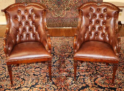 Stunning Pair Of Brown Real Top Grain Leather Tufted Library Fireside Chairs  • $3200