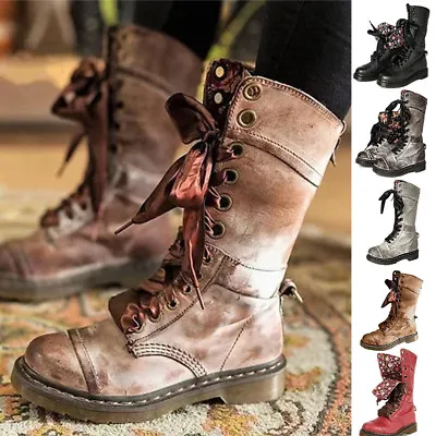 Retro Womens Mid Calf Boots Lace Up Biker Punk Military Combat Ankle Bootie Shoe • $61.03