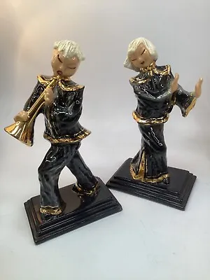 2 Vintage Hedi Schoop Figurines Asian Musician Dancer Gold Black (G2) • $72.88