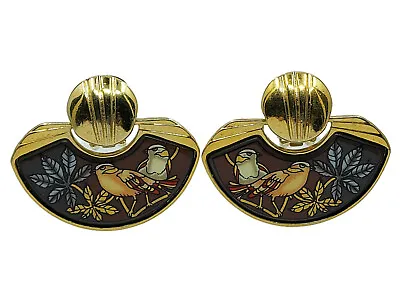 Vintage Michaela Frey Team Deco Design Enamel Bird Gold Tone Clip-on Earrings • $175