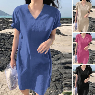 $28.59 • Buy ZANZEA Womens Short Sleeve V Neck Mini Dress Split Back Casual Beach Shift Dress